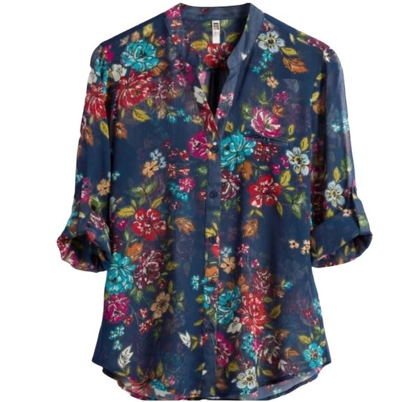 Kut from the Kloth Tops - Kut From The Kloth Sinclair Navy Blue Sheer Floral Blouse Roll Tab Sleeves Small